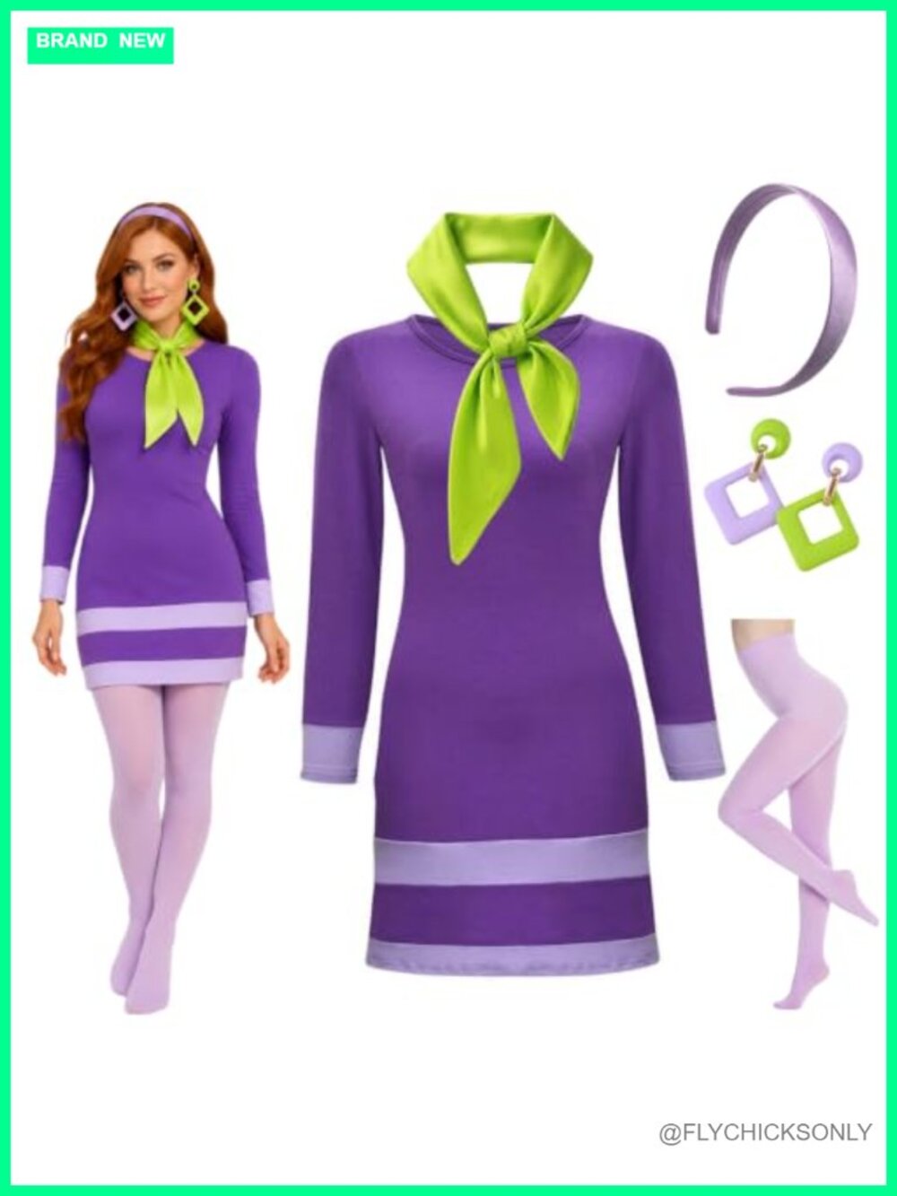 Adult Halloween Costume Set Purple Dress Scarf Headband Tights Earrings